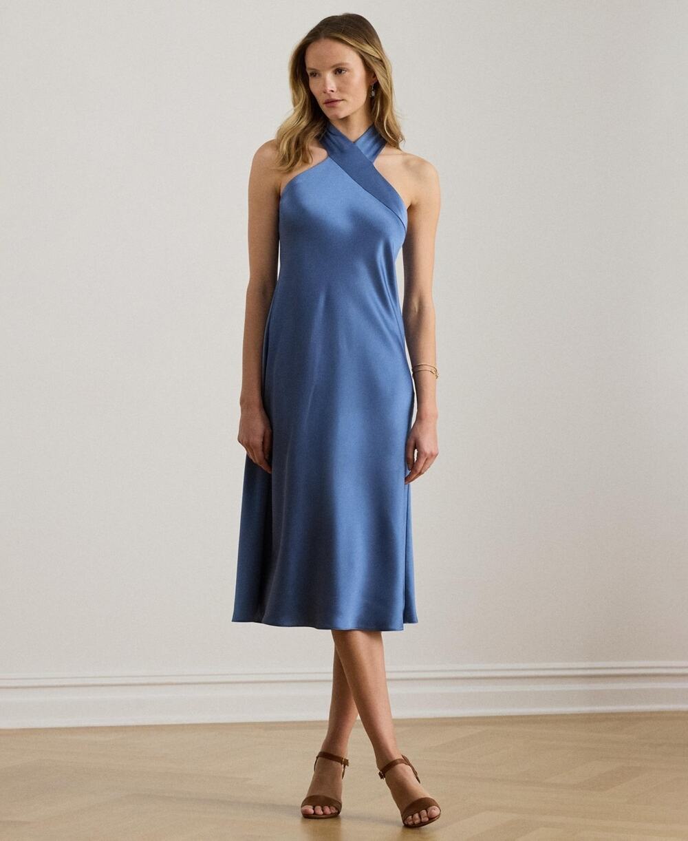 Lauren Ralph Lauren Satin Charmeuse Halter Cocktail Dress Blue Size 14 3867